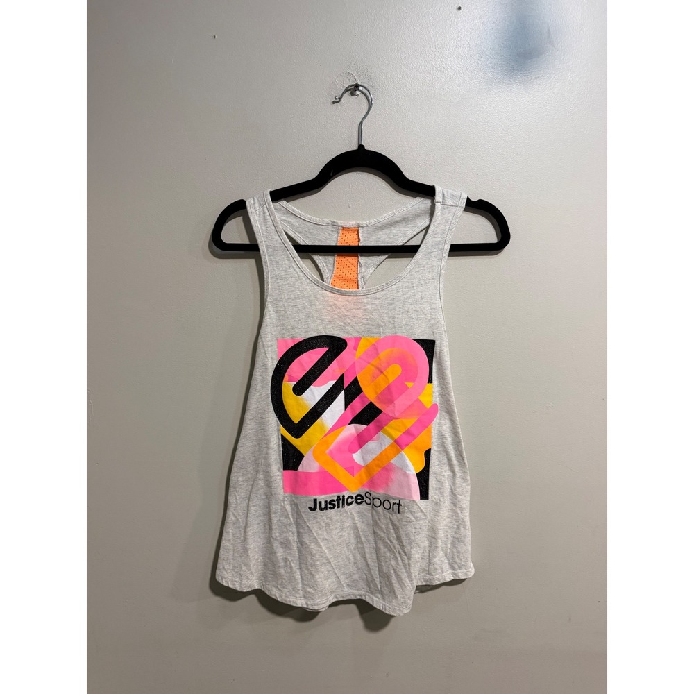 Justice Sport Girls XL Plus Gray Neon Graphic Racerback Mesh Active Tank Top